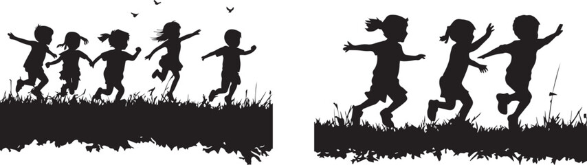 Silhouette of children running in a field vector illustration