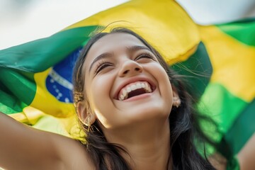 A woman holding the Brazilian flag, ideal for patriotic or national pride-themed projects