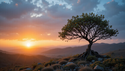 sunrise in the mountains environment Earth Day In the hands of trees growing seedlings. Bokeh green Background Female hand holding tree on nature field grass Forest conservation concept