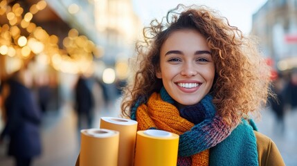 A cheerful young woman with curly hair embraces a joyful shopping experience, holding colorful paper rolls and radiating positivity in a lively urban setting.