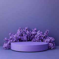 Purple podium for product presentation adorned with lilac flowers
