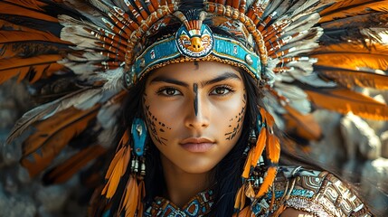 Fototapeta premium Proud Aztec Warrior Wearing Elaborate Feathered Headdress Against Pyramid Temple