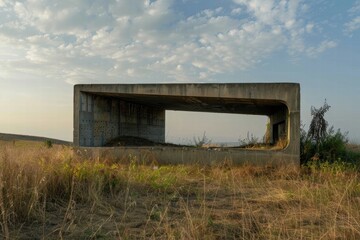 Obraz premium Abandoned concrete war bunker hidden in the forest, with overgrown foliage.