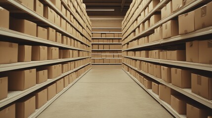 Fototapeta premium Aisle of neatly stacked cardboard boxes in a warehouse, showcasing organized storage and logistics