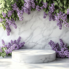 White marble podium for product presentation adorned with lilac flowers