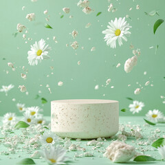Floating daisies with textured podium for product presentation on green background
