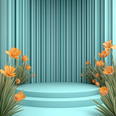Turquoise podium for product presentation with orange tulips and pleated backdrop