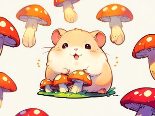 Adorable Hamster with Mushrooms: A Whimsical Illustration