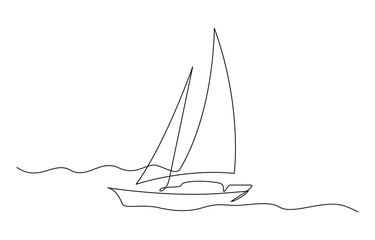 Sailboat continuous one line icon drawing on white background, Sailboat Continuous One Line Drawing. Ship Line Art Sketch Black Drawing Isolated on White Background.
