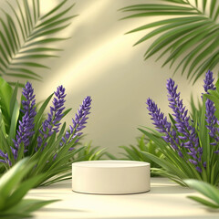 Podium product presentation with lush lavender and tropical foliage in soft sunligh