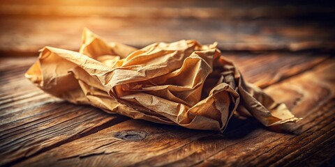 Miniature Crumpled Vintage Paper on Rustic Wooden Background - Tilt-Shift Photography