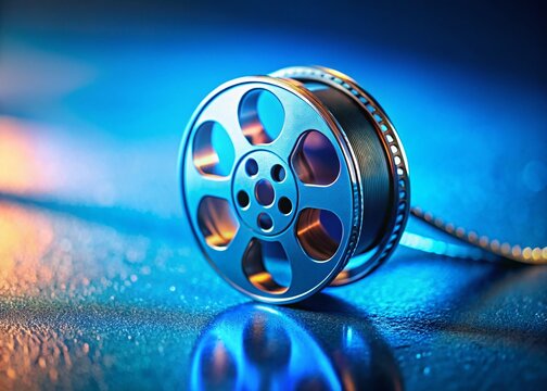 Miniature Film Reel on Blue Metallic Surface: Tilt-Shift Photography Stock Photo