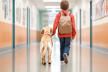 Guide dog helps visually impaired child navigate school hallway with confidence and support
