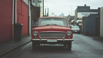 Classic red car parked on a narrow urban street with modern buildings in the background