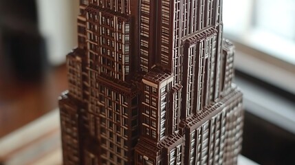 A chocolate skyscraper with detailed edible windows and floors