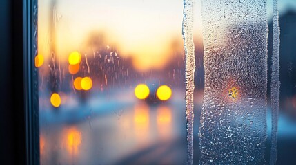 Fototapeta premium Icy Window View: Close-up of frost patterns on a winter pane with blurred sunset bokeh lights