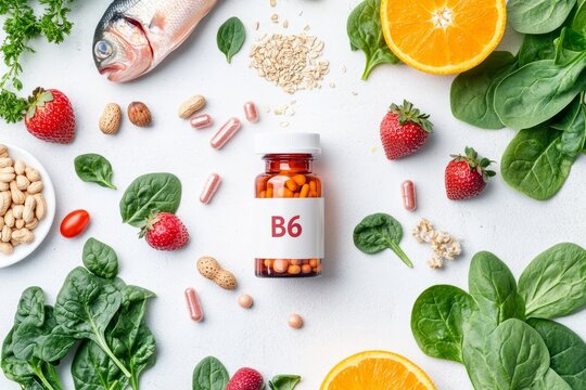 Vitamin B6 capsules spill from an open bottle surrounded by fresh food on a bright countertop