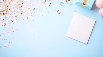 Celebration-themed flat-lay with a blank white card, gold and pink confetti, balloons, and a gift box on a blue background, ideal for party invitations or greeting cards. Selective focus