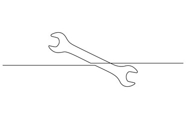 One mechanical wrench for nuts drawn in one continuous line drawing, Labor day wrench tools continuous one line drawing.