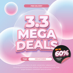 3.3 Mega Deals Pastel Pink Sale Banner with Discount Offer and Promo Code for Online Shopping