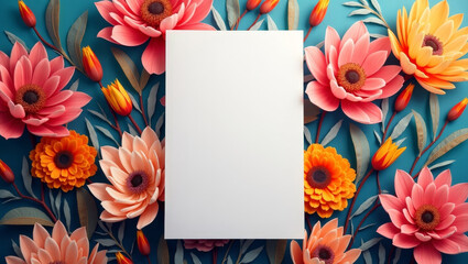 Obraz premium Vibrant Paper Flowers Frame Blank Card on Teal Background