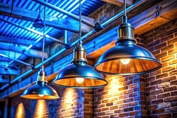 Industrial Loft Ceiling: Exposed Brick, Metal Beams, Wooden Texture, Hanging Lamps, Blue Accent Lighting