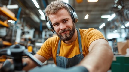 A smiling man in an apron and headphones enjoys working on a bicycle in a bright workshop, demonstrating his enthusiasm for repairs and a hands-on approach to his craft.