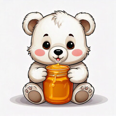 Cute little baby bear cub eating honey from a jar