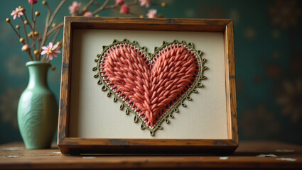Hand-Stitched Coral Heart Artwork: Valentine's Day Craft in Rustic Frame
