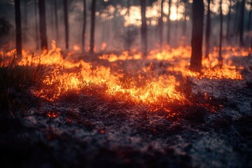 A burning fire in the middle of a forest, with flames and smoke visible