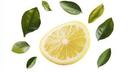A lemon is cut in half and surrounded by green leaves