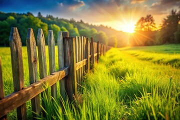 Obraz premium Rustic Wooden Fence and Lush Green Grass - Copy Space for Text