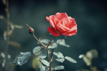 Obraz premium A single pink rose sits on a bed of lush green leaves, a symbol of love and beauty