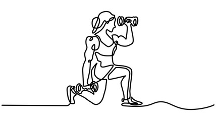 A woman lifts kettlebells in a continuous one line drawing. Female bodybuilder vector hand drawn silhouette clipart, Single continuous line drawing of young sportive man training up and down