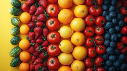 Rainbow fruit & vegetable flatlay, yellow background, healthy food