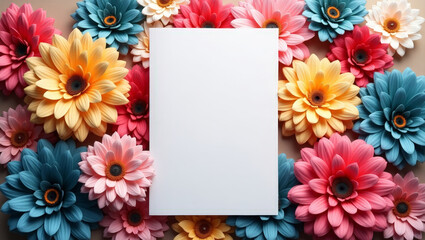 Vibrant Paper Flowers Frame Blank Card: Colorful Floral Background