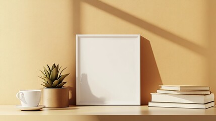Serene Minimalist Still Life: Frame, Plant, and Books in Warm Sunlight