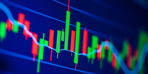 stock market chart, candlestick graph, financial data visualization, green and red bars, neon colors, digital display, trading indicators, stock price fluctuations, market volatility, high-contrast, c