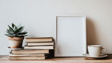 Fototapeta premium Serene Bookshelf Still Life: Minimalist Frame, Plant, and Coffee