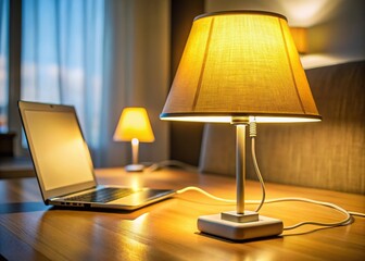 USB Rechargeable Table Lamp with Extension Cord, Warm Yellow Light, Computer Setup - Stock Photo