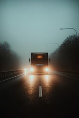A powerful semi-truck with headlights on, driving through a foggy road at night, creating a mysterious and dramatic atmosphere.