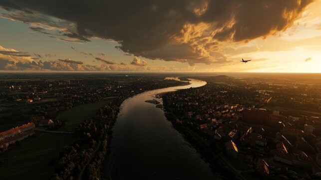 Sunset aerial river valley town plane flight