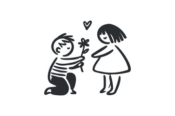 Boy giving flower to girl, hand-drawn vector illustration of love