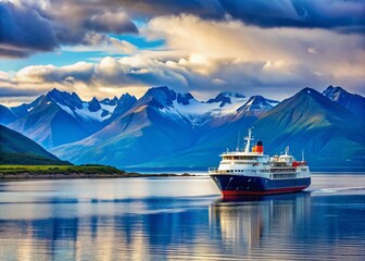Minimalist Cruise Ship at Beagle Channel, Ushuaia, Argentina: Calm Waters, Majestic Mountains