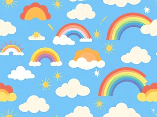 Rainbow Sky: A Cheerful Cartoon Pattern of Rainbows, Clouds, and Suns