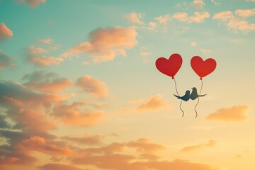 Obraz premium two lovebirds holding heart-shaped balloons as PNG cutout clipart