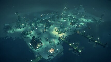 Fototapeta premium Underwater city at night, glowing structures, peaceful scene, game screenshot, website background