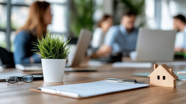 A chic office space showcasing important documents paired with a miniature house model, symbolizing real estate or home-related discussions in a modern environment.