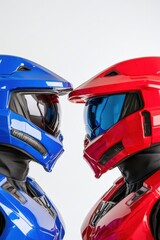 A striking image of two futuristic helmets, one blue and one red, facing each other. The sleek design emphasizes a theme of duality and competition.
