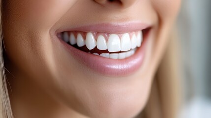 Fototapeta premium The image captures a close-up of a woman’s smile with luminous white teeth, conveying a sense of joy and confidence in a bright setting.